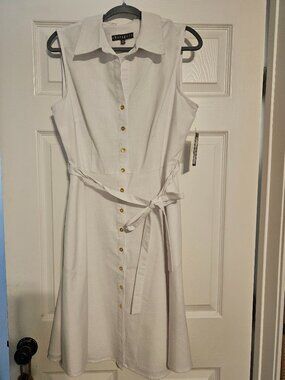 Sharagano White Sleeveless Button down Dress with Pockets Size 14